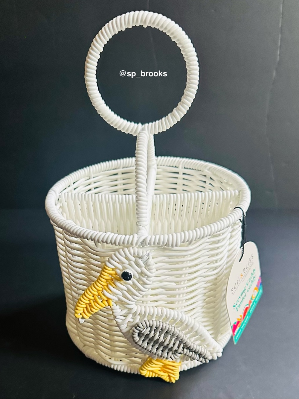 🎁Sun & Bliss White Resin Wicker Utensil Serving Caddy w Handle -Seagull- 9.5x6”